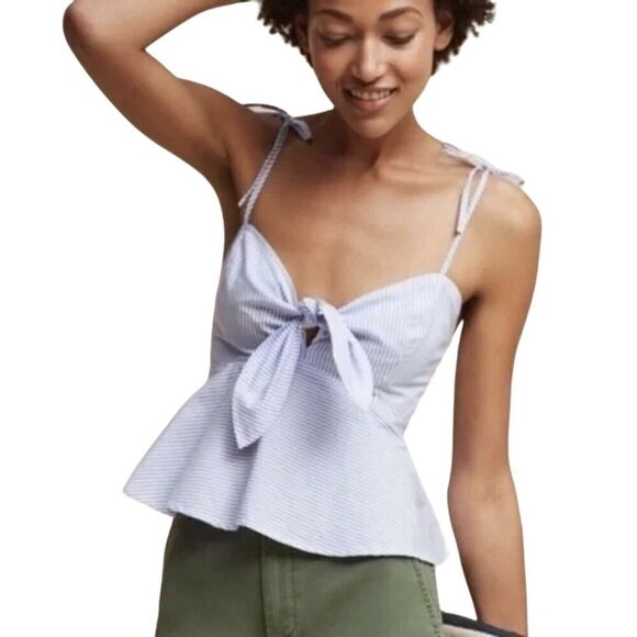 Maeve by Anthropologie Knot Front Peplum Tank Top Tie Strap Striped Blue Size 8 - Picture 1 of 10